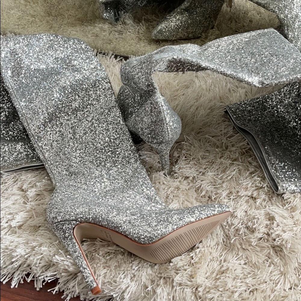 Silver glitter thigh high boots